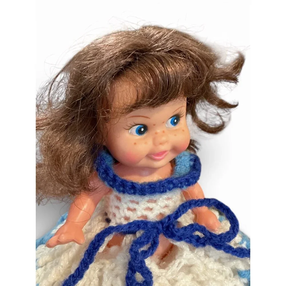 Vintage‎ Crochet Skirt Doll Blue & White Handmade 10